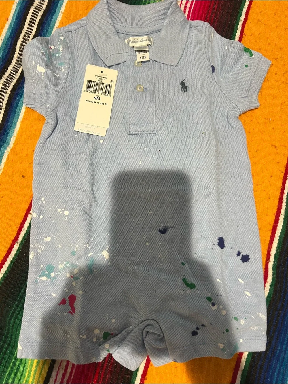 Ralph Lauren Light Blue Baby Polo Romper with Paint Splatter